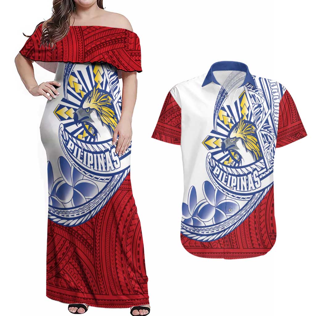 Philippines Eagle Sun Couples Matching Off Shoulder Maxi Dress and Hawaiian Shirt Filipino Agila Polynesian Tattoo Flag Color