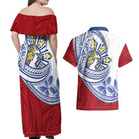 Philippines Eagle Sun Couples Matching Off Shoulder Maxi Dress and Hawaiian Shirt Filipino Agila Polynesian Tattoo Flag Color
