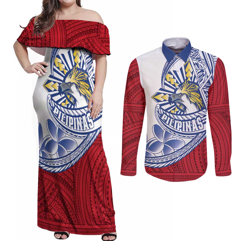 Philippines Eagle Sun Couples Matching Off Shoulder Maxi Dress and Long Sleeve Button Shirt Filipino Agila Polynesian Tattoo Flag Color