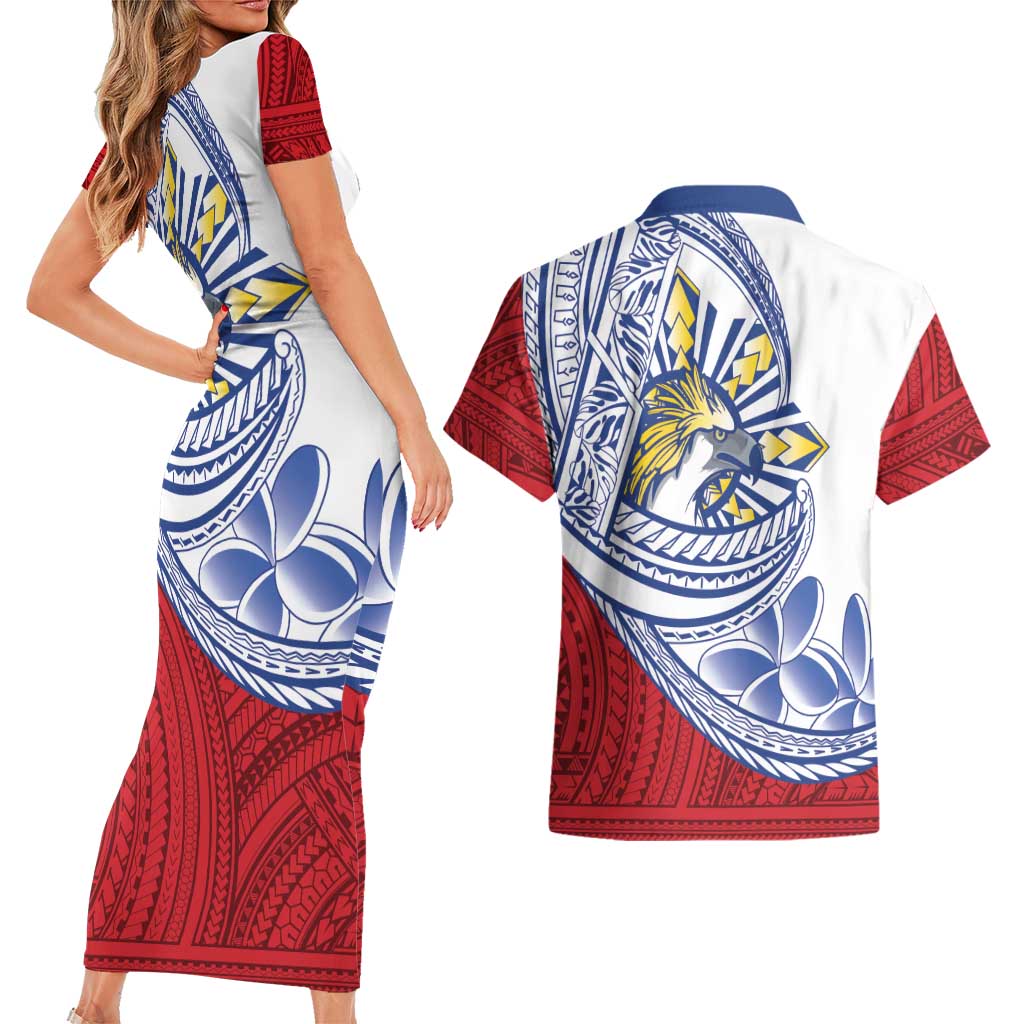 Philippines Eagle Sun Couples Matching Short Sleeve Bodycon Dress and Hawaiian Shirt Filipino Agila Polynesian Tattoo Flag Color LT14 - Polynesian Pride