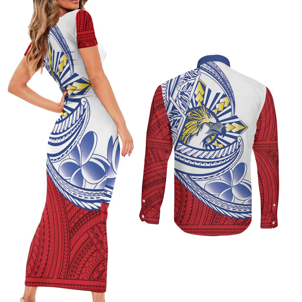 Philippines Eagle Sun Couples Matching Short Sleeve Bodycon Dress and Long Sleeve Button Shirt Filipino Agila Polynesian Tattoo Flag Color