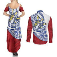 Philippines Eagle Sun Couples Matching Summer Maxi Dress and Long Sleeve Button Shirt Filipino Agila Polynesian Tattoo Flag Color