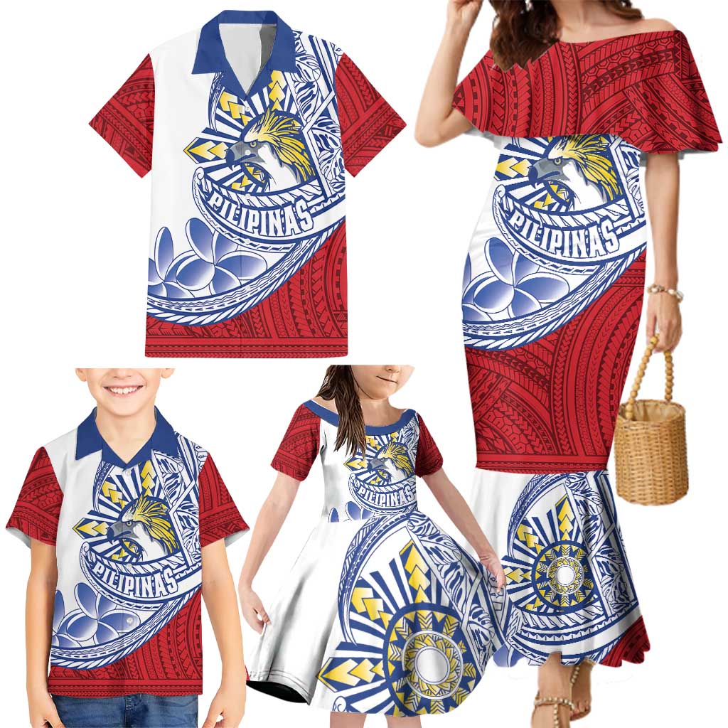 Philippines Eagle Sun Family Matching Mermaid Dress and Hawaiian Shirt Filipino Agila Polynesian Tattoo Flag Color