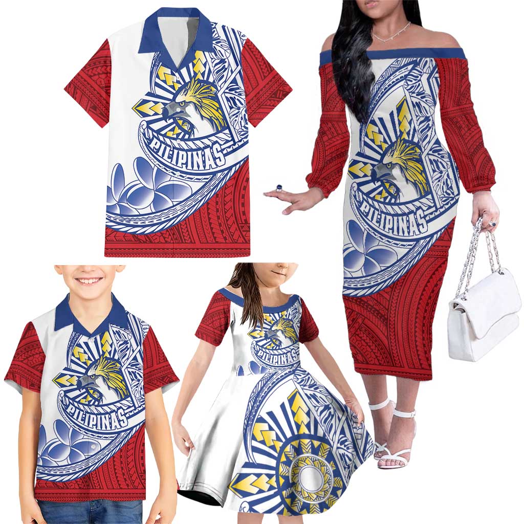 Philippines Eagle Sun Family Matching Off The Shoulder Long Sleeve Dress and Hawaiian Shirt Filipino Agila Polynesian Tattoo Flag Color LT14 - Polynesian Pride