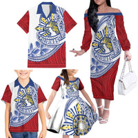 Philippines Eagle Sun Family Matching Off The Shoulder Long Sleeve Dress and Hawaiian Shirt Filipino Agila Polynesian Tattoo Flag Color LT14 - Polynesian Pride