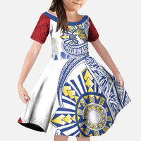 Philippines Eagle Sun Family Matching Off Shoulder Maxi Dress and Hawaiian Shirt Filipino Agila Polynesian Tattoo Flag Color LT14 Daughter's Dress Red - Polynesian Pride