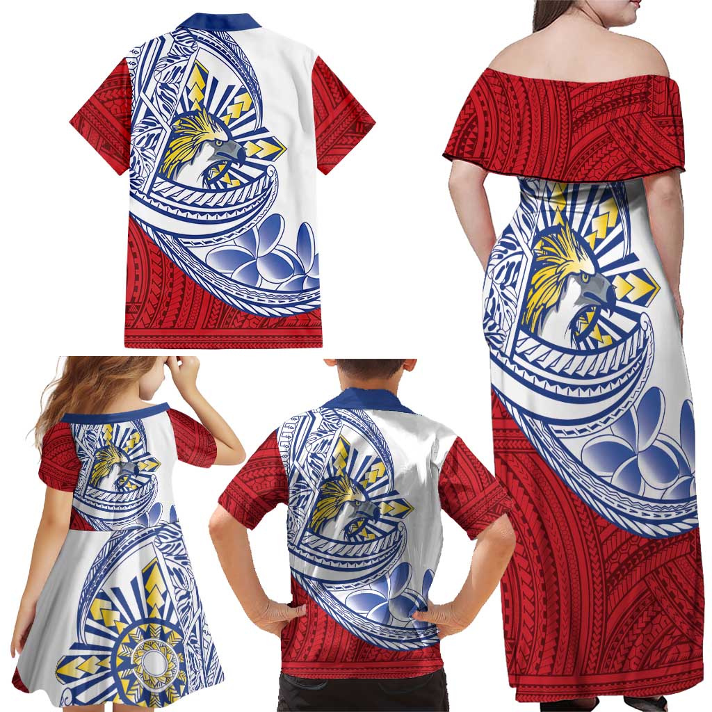 Philippines Eagle Sun Family Matching Off Shoulder Maxi Dress and Hawaiian Shirt Filipino Agila Polynesian Tattoo Flag Color LT14 - Polynesian Pride