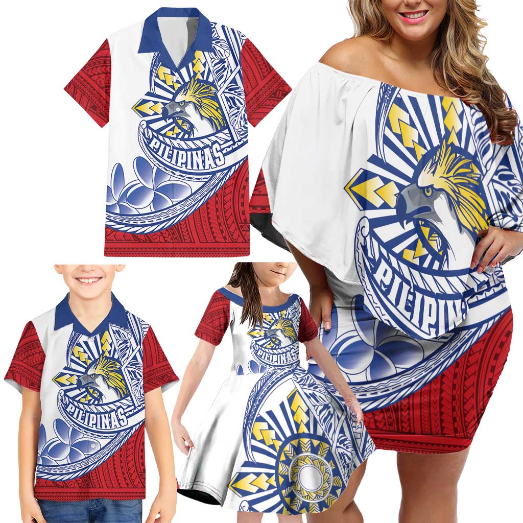 Philippines Eagle Sun Family Matching Off Shoulder Short Dress and Hawaiian Shirt Filipino Agila Polynesian Tattoo Flag Color