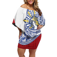 Philippines Eagle Sun Family Matching Off Shoulder Short Dress and Hawaiian Shirt Filipino Agila Polynesian Tattoo Flag Color LT14 Mom's Dress Red - Polynesian Pride