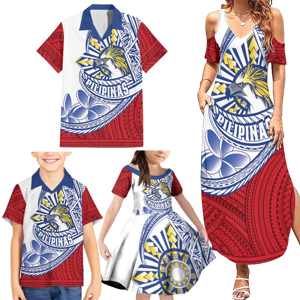 Philippines Eagle Sun Family Matching Summer Maxi Dress and Hawaiian Shirt Filipino Agila Polynesian Tattoo Flag Color