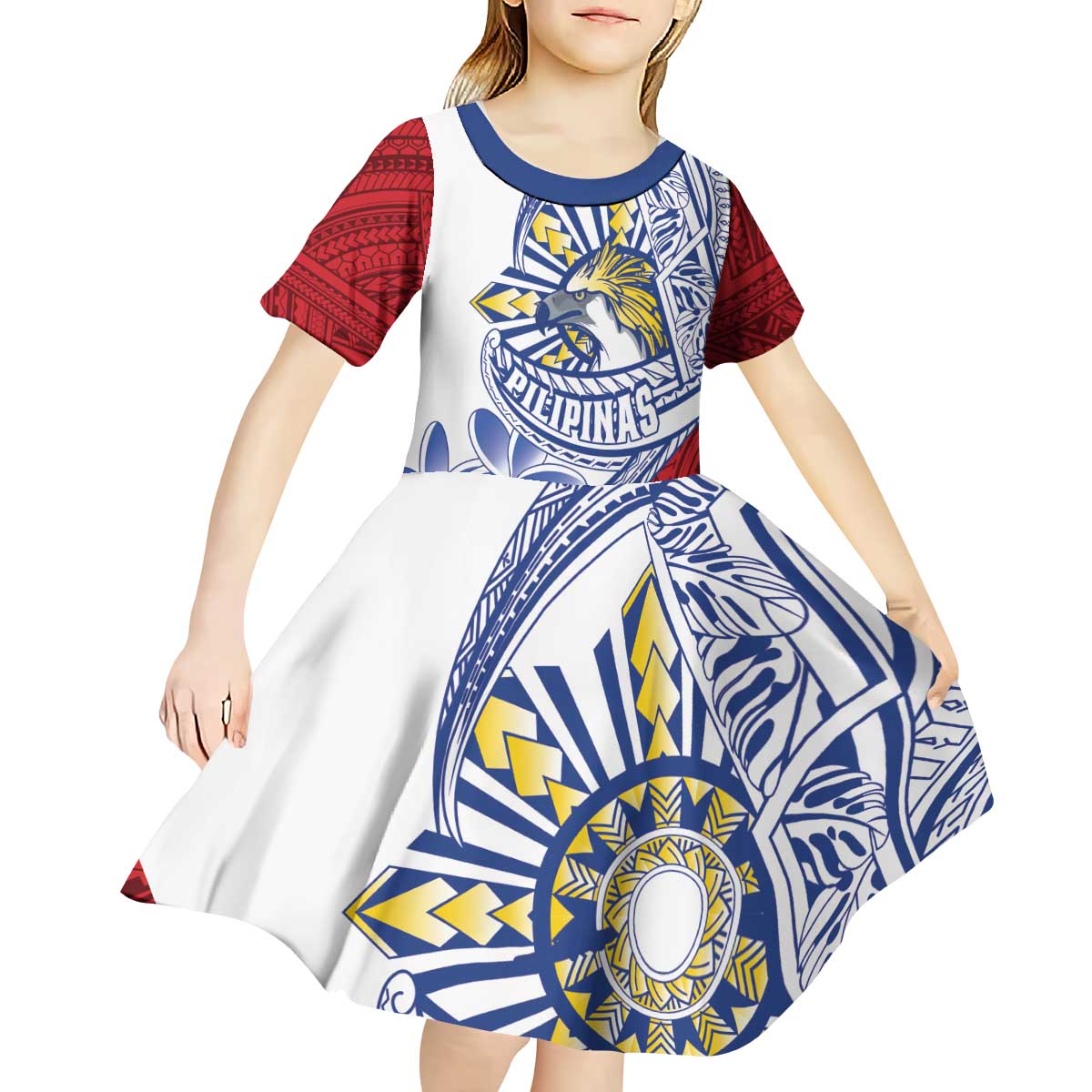 Philippines Eagle Sun Kid Short Sleeve Dress Filipino Agila Polynesian Tattoo Flag Color