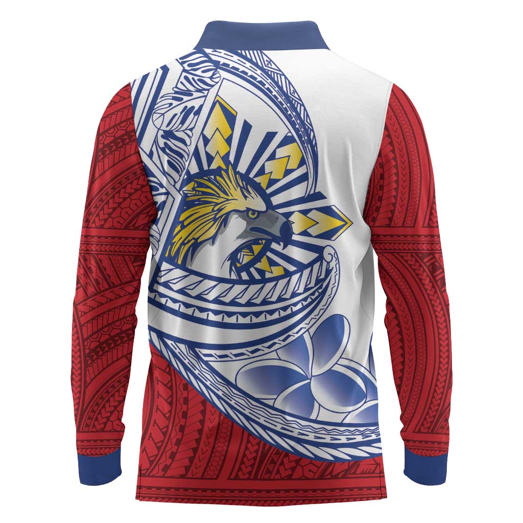 Philippines Eagle Sun Long Sleeve Polo Shirt Filipino Agila Polynesian Tattoo Flag Color