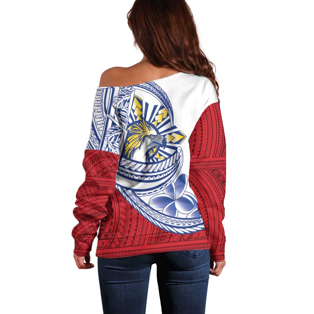 Philippines Eagle Sun Off Shoulder Sweater Filipino Agila Polynesian Tattoo Flag Color