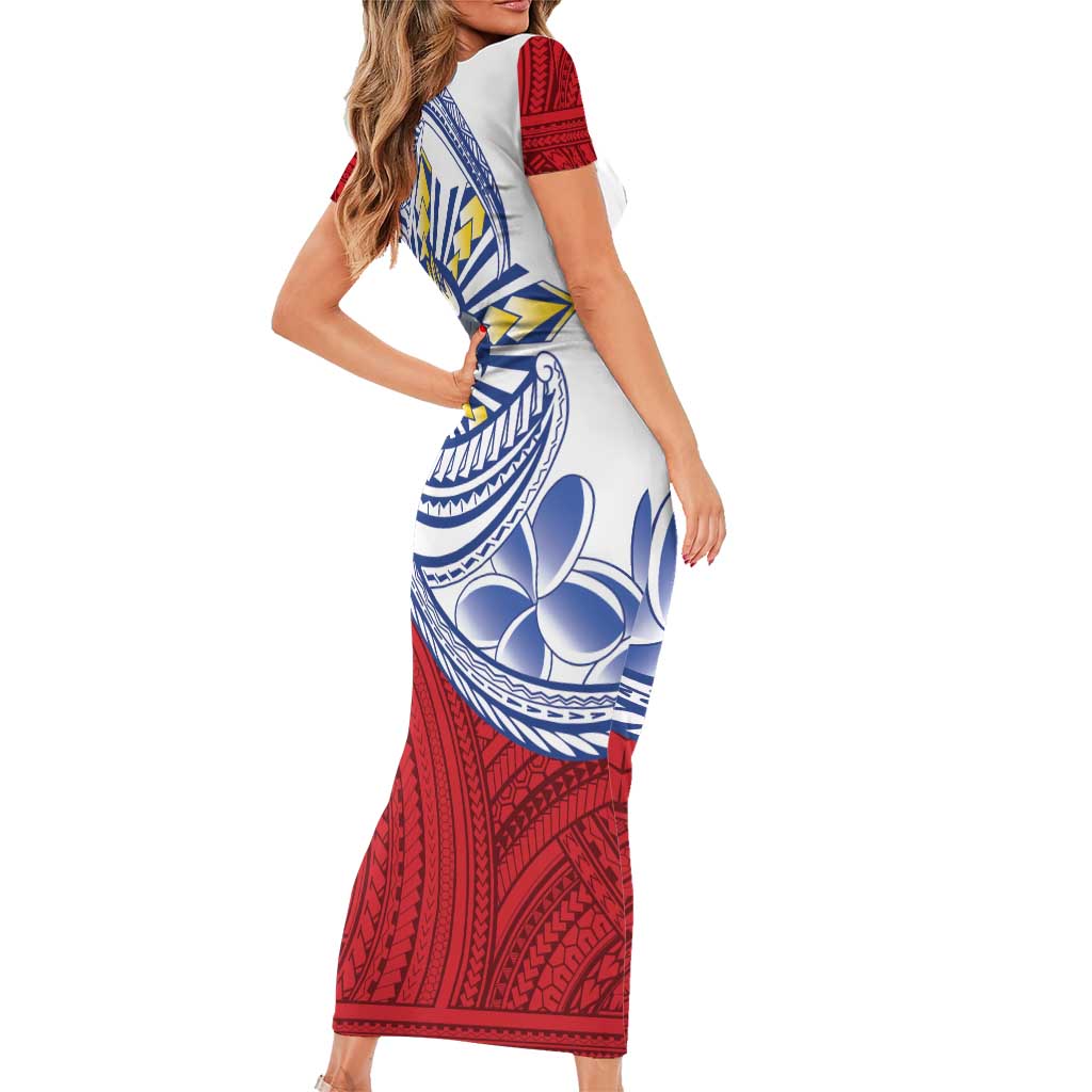 Philippines Eagle Sun Short Sleeve Bodycon Dress Filipino Agila Polynesian Tattoo Flag Color