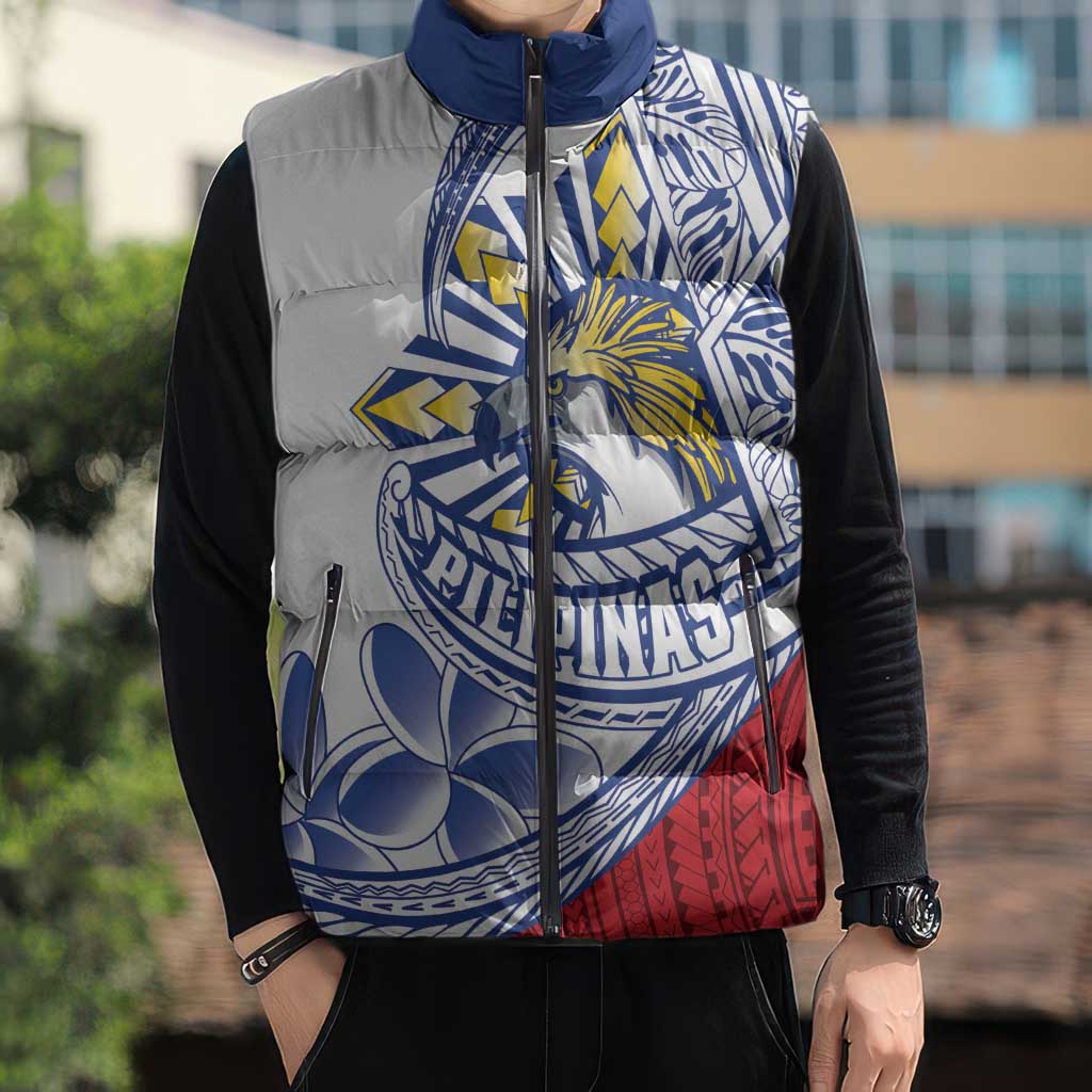 Philippines Eagle Sun Sleeveless Puffer Jacket Filipino Agila Polynesian Tattoo Flag Color
