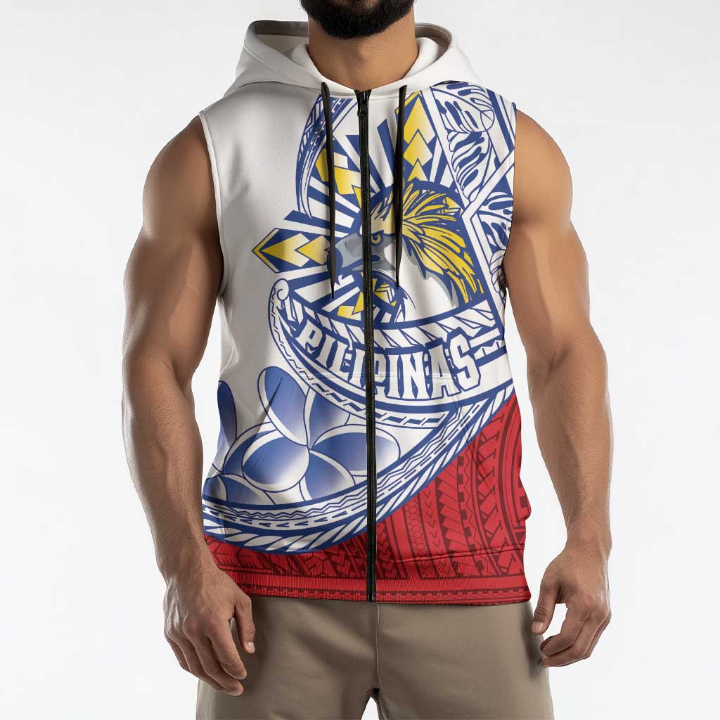 Philippines Eagle Sun Sleeveless Zip Hoodie Filipino Agila Polynesian Tattoo Flag Color