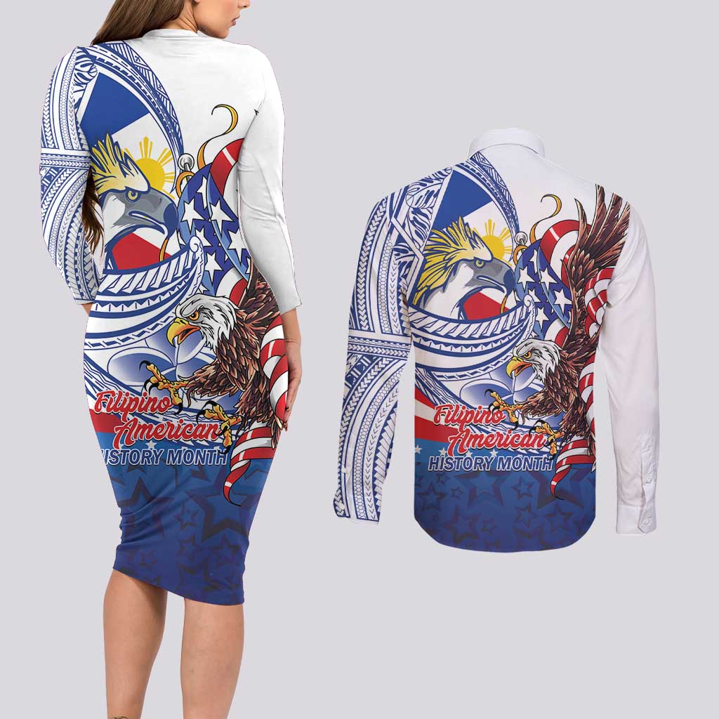 Filipino American History Month Couples Matching Long Sleeve Bodycon Dress and Long Sleeve Button Shirt Philippines Agila USA Eagle Mix Flag LT14 - Polynesian Pride