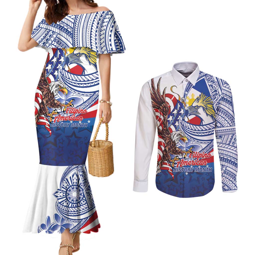 Filipino American History Month Couples Matching Mermaid Dress and Long Sleeve Button Shirt Philippines Agila USA Eagle Mix Flag LT14 Blue - Polynesian Pride