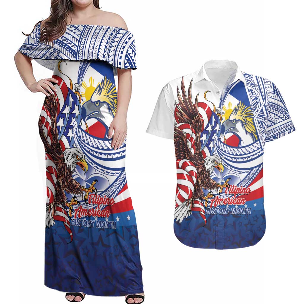 Filipino American History Month Couples Matching Off Shoulder Maxi Dress and Hawaiian Shirt Philippines Agila USA Eagle Mix Flag LT14 Blue - Polynesian Pride
