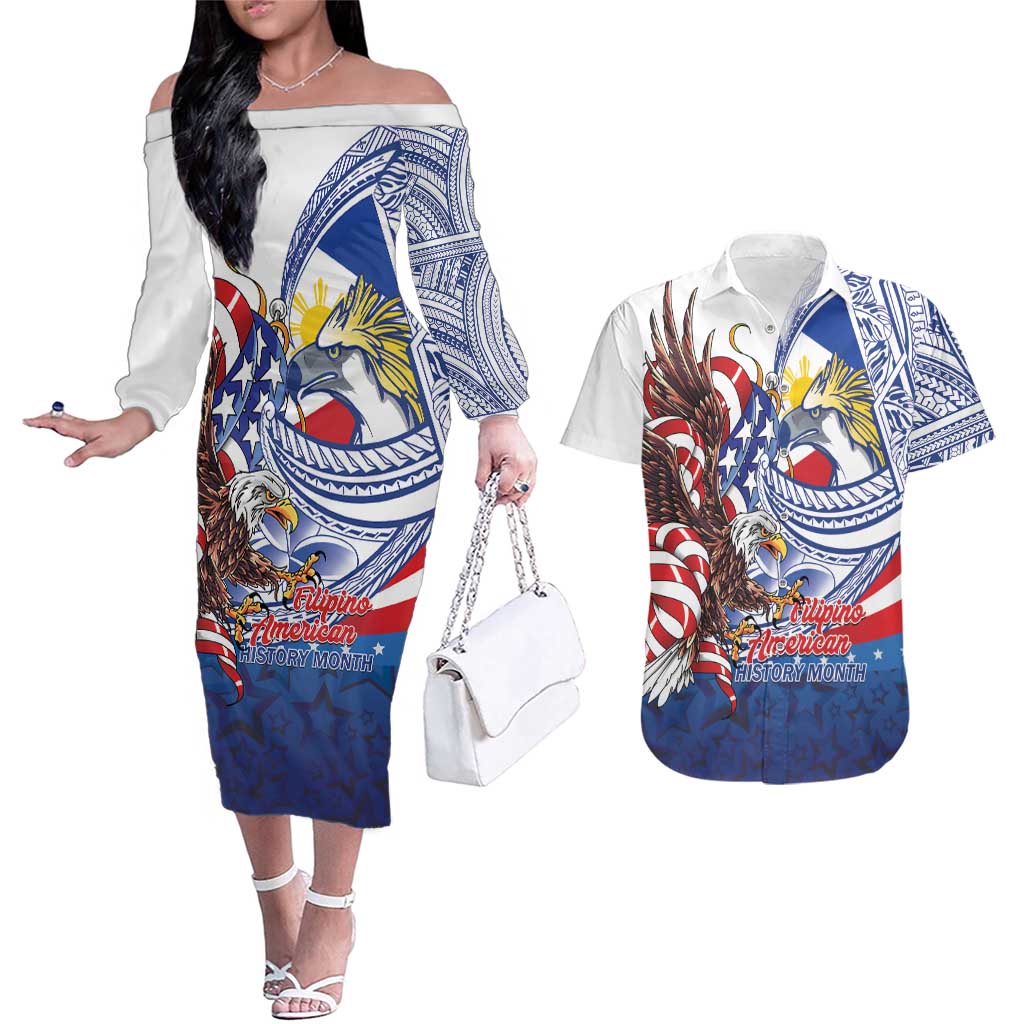 Filipino American History Month Couples Matching Off The Shoulder Long Sleeve Dress and Hawaiian Shirt Philippines Agila USA Eagle Mix Flag LT14 Blue - Polynesian Pride