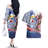 Filipino American History Month Couples Matching Off The Shoulder Long Sleeve Dress and Hawaiian Shirt Philippines Agila USA Eagle Mix Flag LT14 - Polynesian Pride