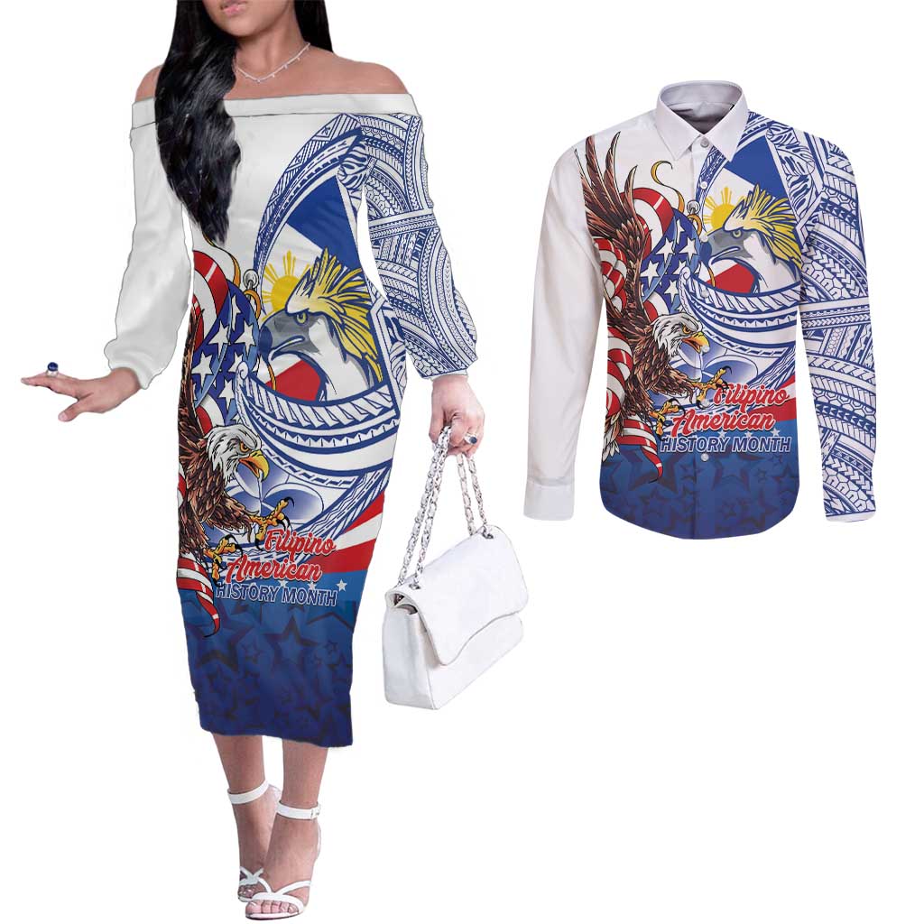 Filipino American History Month Couples Matching Off The Shoulder Long Sleeve Dress and Long Sleeve Button Shirt Philippines Agila USA Eagle Mix Flag LT14 Blue - Polynesian Pride