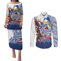 Filipino American History Month Couples Matching Puletasi and Long Sleeve Button Shirt Philippines Agila USA Eagle Mix Flag