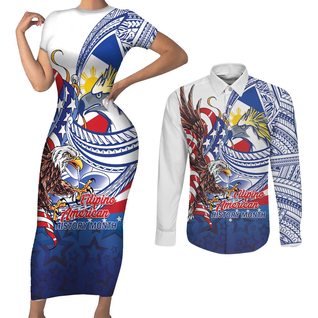 Filipino American History Month Couples Matching Short Sleeve Bodycon Dress and Long Sleeve Button Shirt Philippines Agila USA Eagle Mix Flag LT14 Blue - Polynesian Pride
