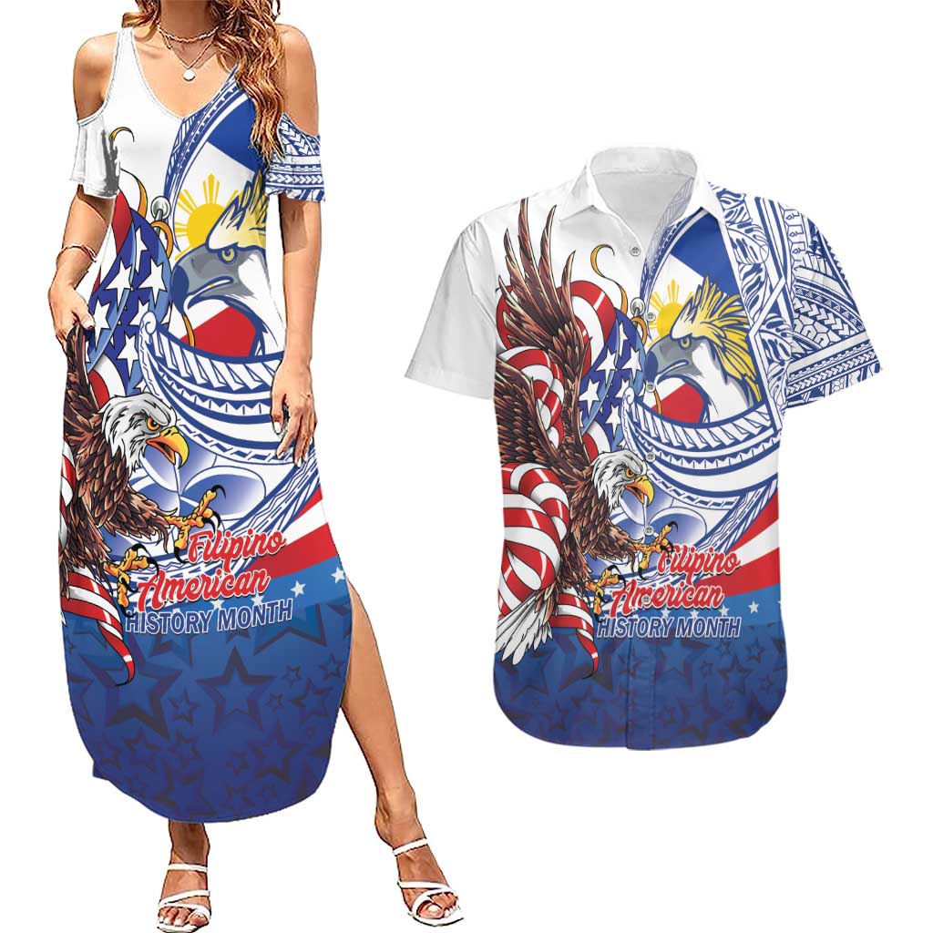 Filipino American History Month Couples Matching Summer Maxi Dress and Hawaiian Shirt Philippines Agila USA Eagle Mix Flag LT14 Blue - Polynesian Pride