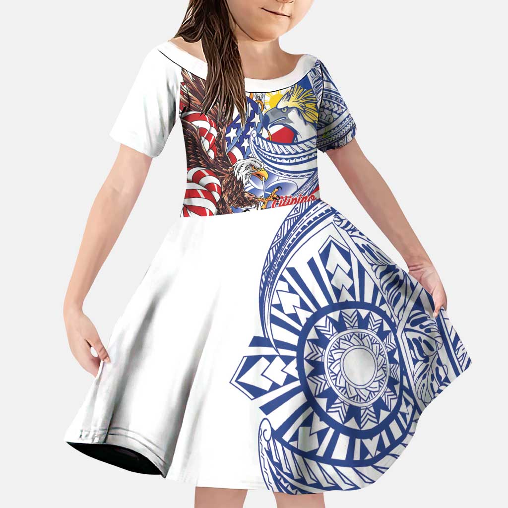 Filipino American History Month Family Matching Long Sleeve Bodycon Dress and Hawaiian Shirt Philippines Agila USA Eagle Mix Flag LT14 Daughter's Dress Blue - Polynesian Pride