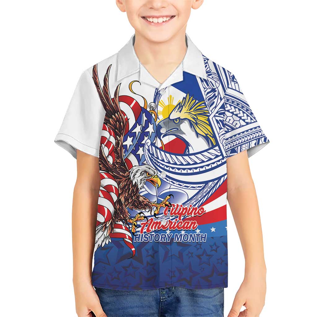 Filipino American History Month Family Matching Off The Shoulder Long Sleeve Dress and Hawaiian Shirt Philippines Agila USA Eagle Mix Flag LT14 Son's Shirt Blue - Polynesian Pride