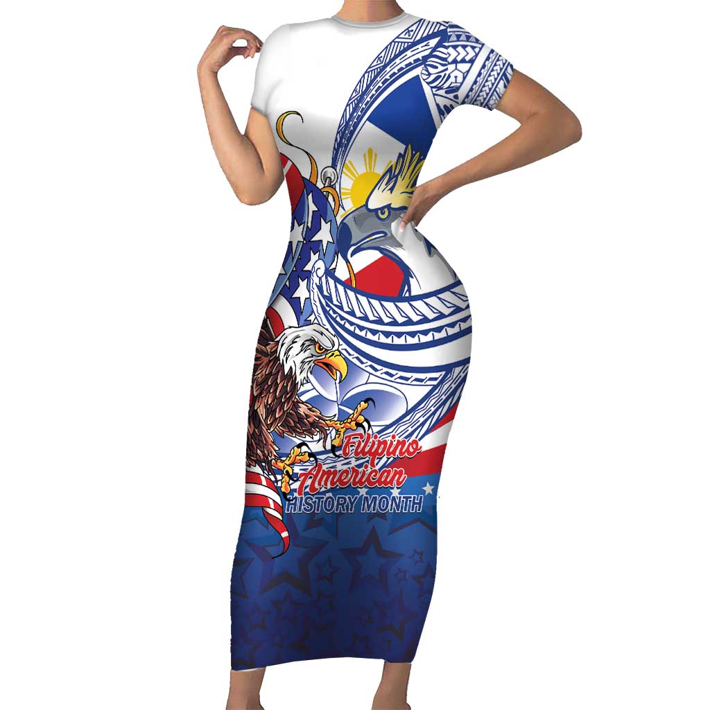Filipino American History Month Family Matching Short Sleeve Bodycon Dress and Hawaiian Shirt Philippines Agila USA Eagle Mix Flag LT14 Mom's Dress Blue - Polynesian Pride
