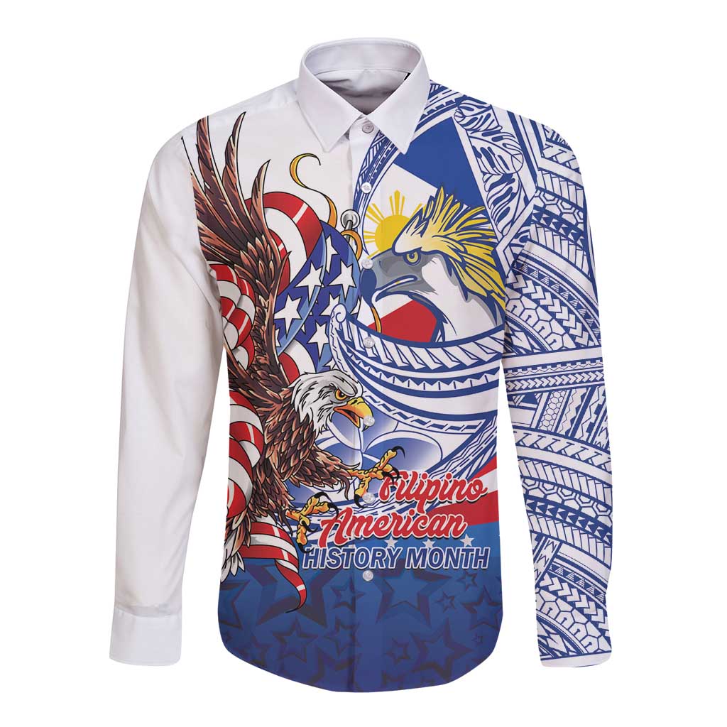 Filipino American History Month Long Sleeve Button Shirt Philippines Agila USA Eagle Mix Flag