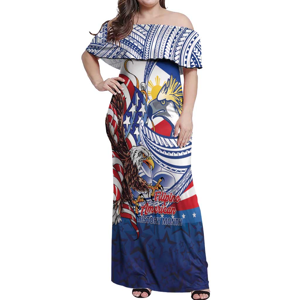 Filipino American History Month Off Shoulder Maxi Dress Philippines Agila USA Eagle Mix Flag