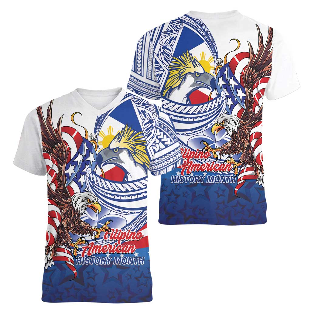 Filipino American History Month Women V-Neck T-Shirt Philippines Agila USA Eagle Mix Flag LT14 - Polynesian Pride
