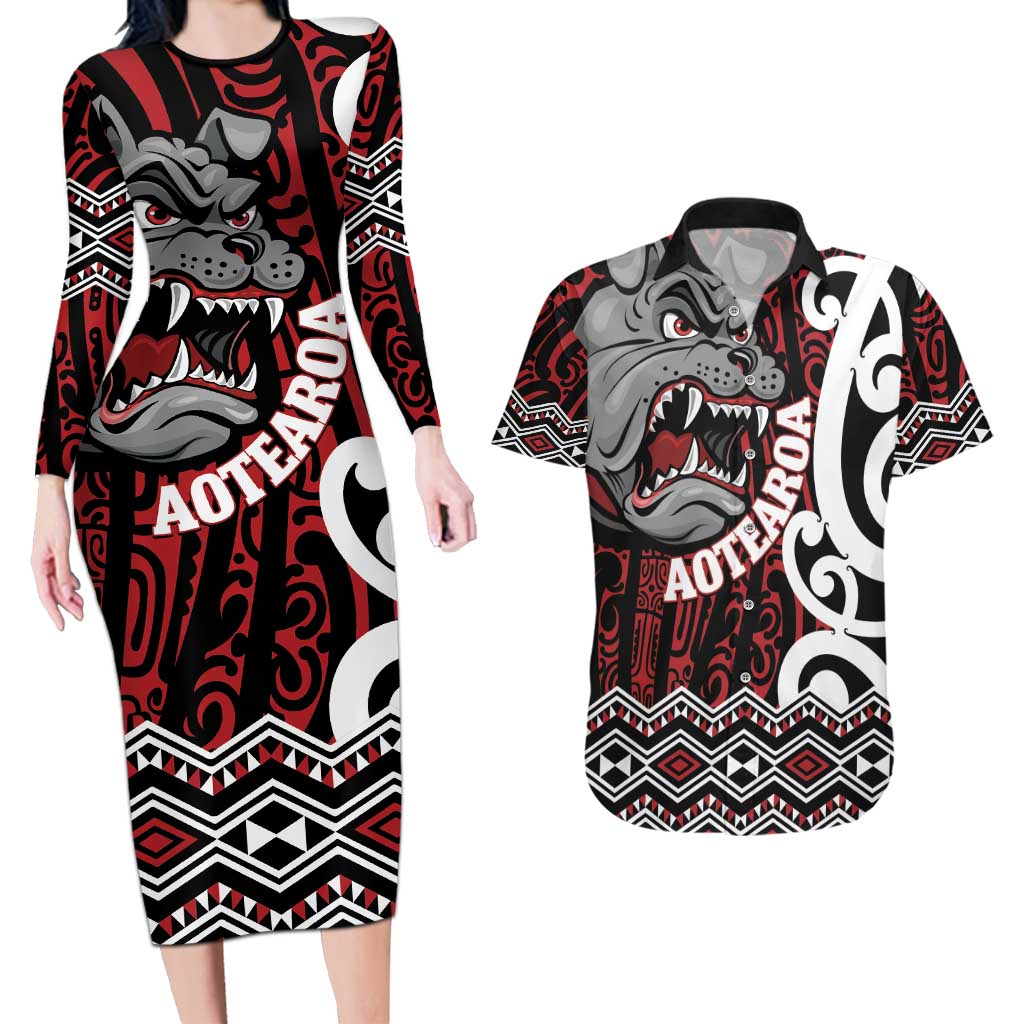 Personalised Aotearoa Bulldog Couples Matching Long Sleeve Bodycon Dress and Hawaiian Shirt New Zealand Maori Taniko Art
