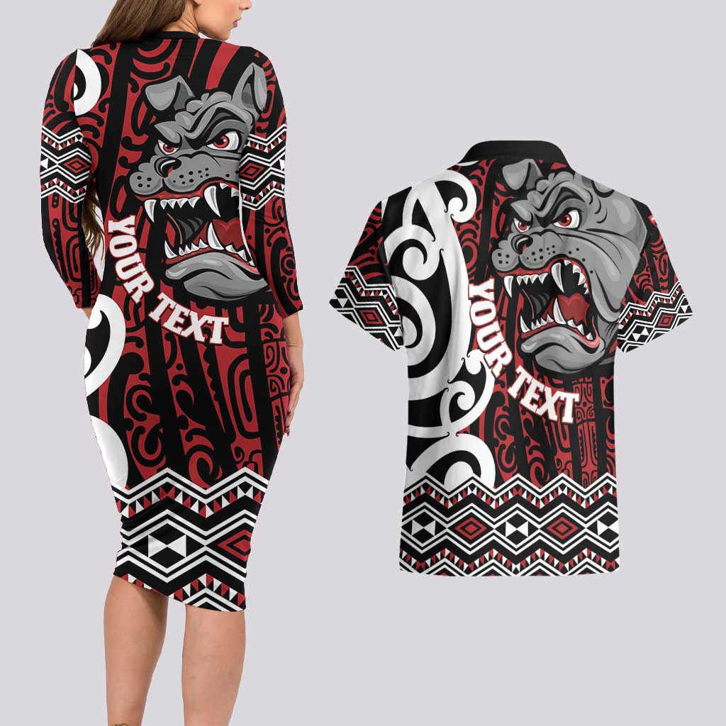 Personalised Aotearoa Bulldog Couples Matching Long Sleeve Bodycon Dress and Hawaiian Shirt New Zealand Maori Taniko Art