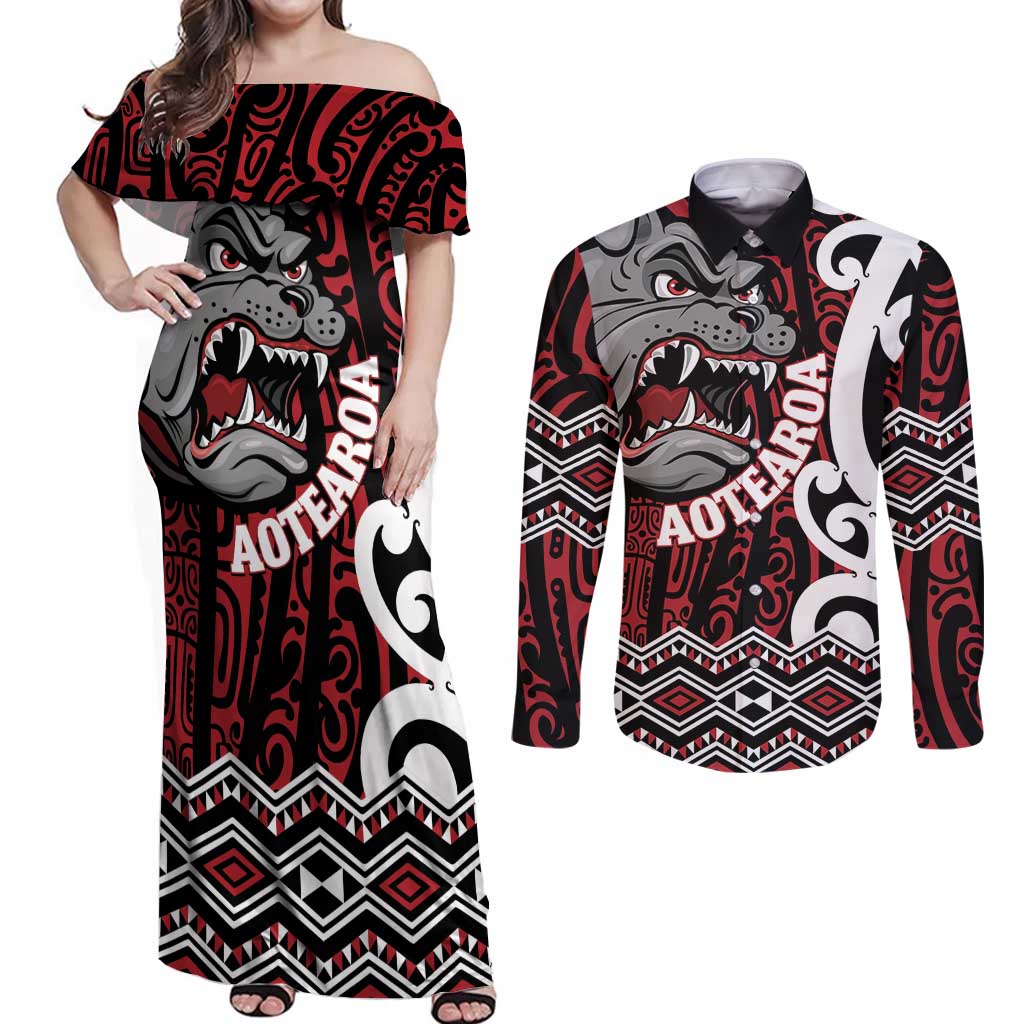 Personalised Aotearoa Bulldog Couples Matching Off Shoulder Maxi Dress and Long Sleeve Button Shirt New Zealand Maori Taniko Art