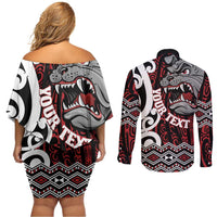 Personalised Aotearoa Bulldog Couples Matching Off Shoulder Short Dress and Long Sleeve Button Shirt New Zealand Maori Taniko Art LT14 - Polynesian Pride