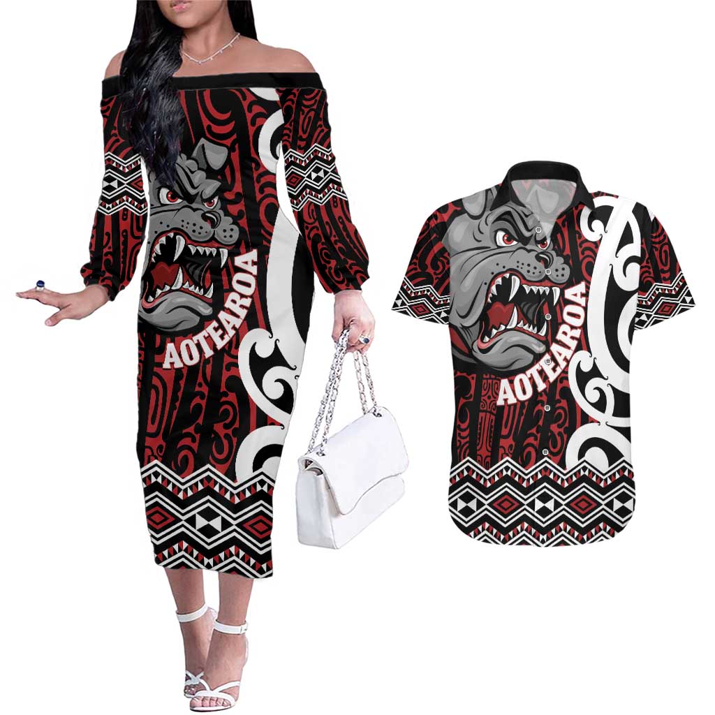 Personalised Aotearoa Bulldog Couples Matching Off The Shoulder Long Sleeve Dress and Hawaiian Shirt New Zealand Maori Taniko Art