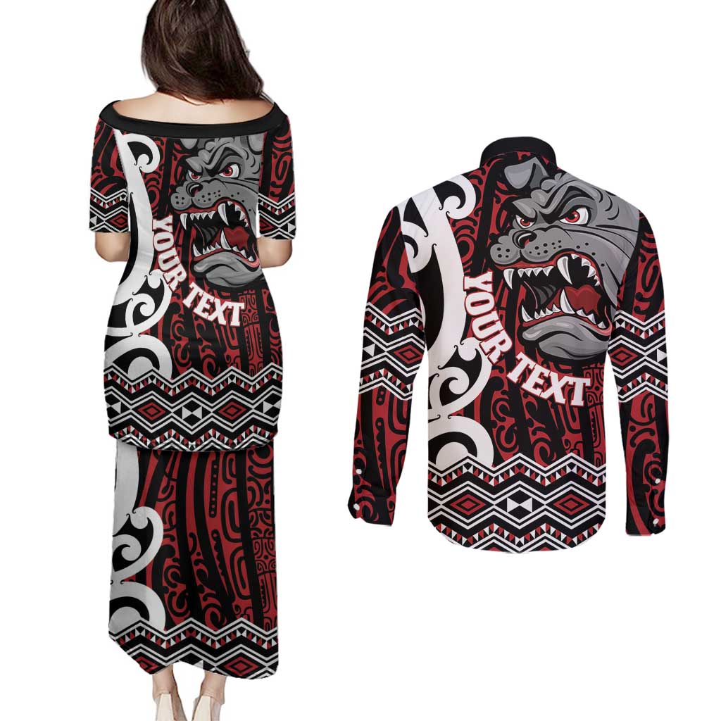 Personalised Aotearoa Bulldog Couples Matching Puletasi and Long Sleeve Button Shirt New Zealand Maori Taniko Art LT14 - Polynesian Pride