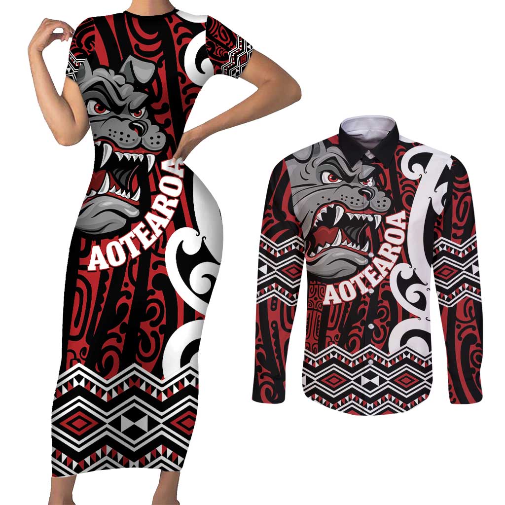 Personalised Aotearoa Bulldog Couples Matching Short Sleeve Bodycon Dress and Long Sleeve Button Shirt New Zealand Maori Taniko Art LT14 Red - Polynesian Pride