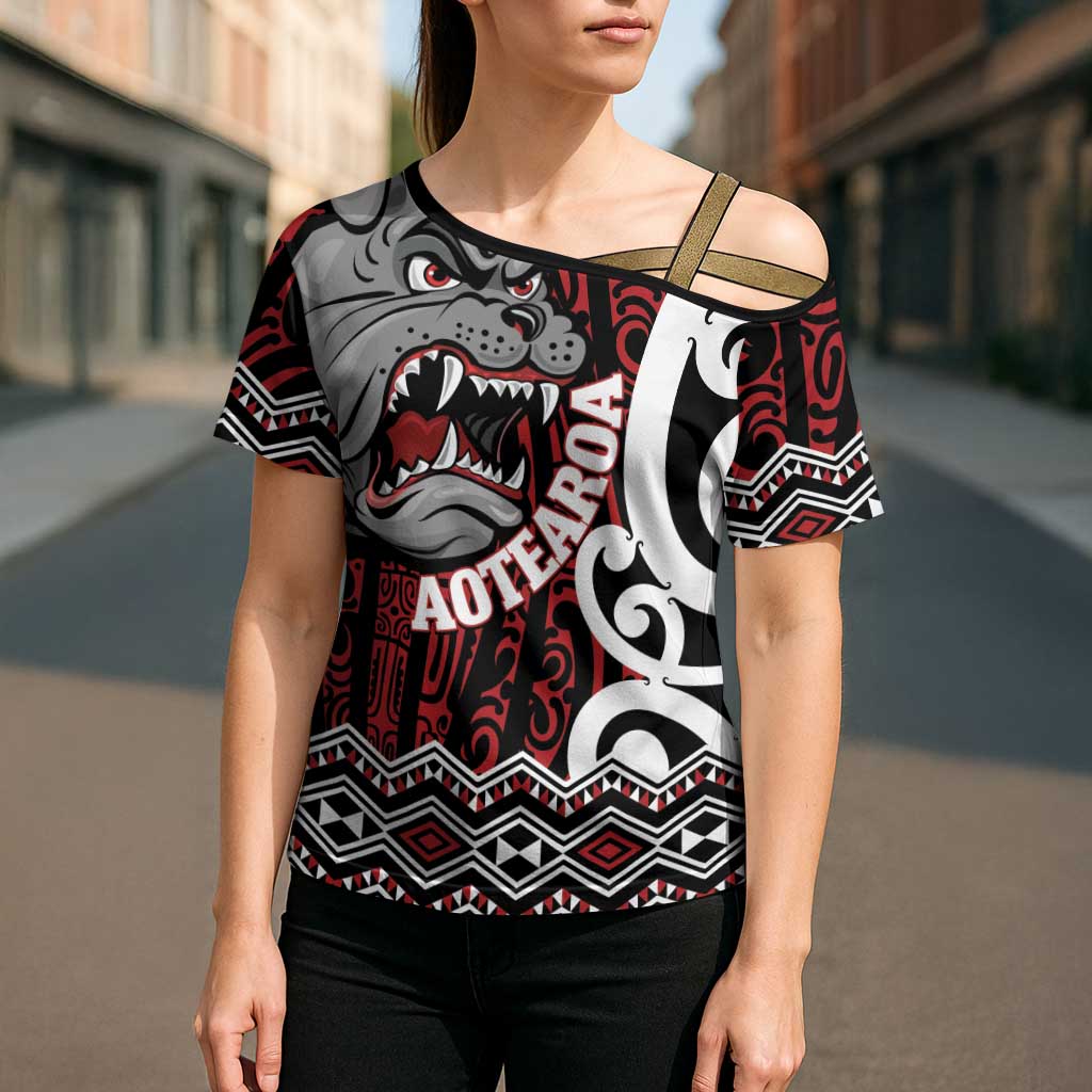 Personalised Aotearoa Bulldog Cross Shoulder Shirt New Zealand Maori Taniko Art - Polynesian Pride
