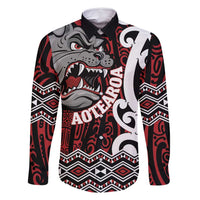 Personalised Aotearoa Bulldog Family Matching Mermaid Dress and Hawaiian Shirt New Zealand Maori Taniko Art LT14 Dad's Shirt - Long Sleeve Red - Polynesian Pride