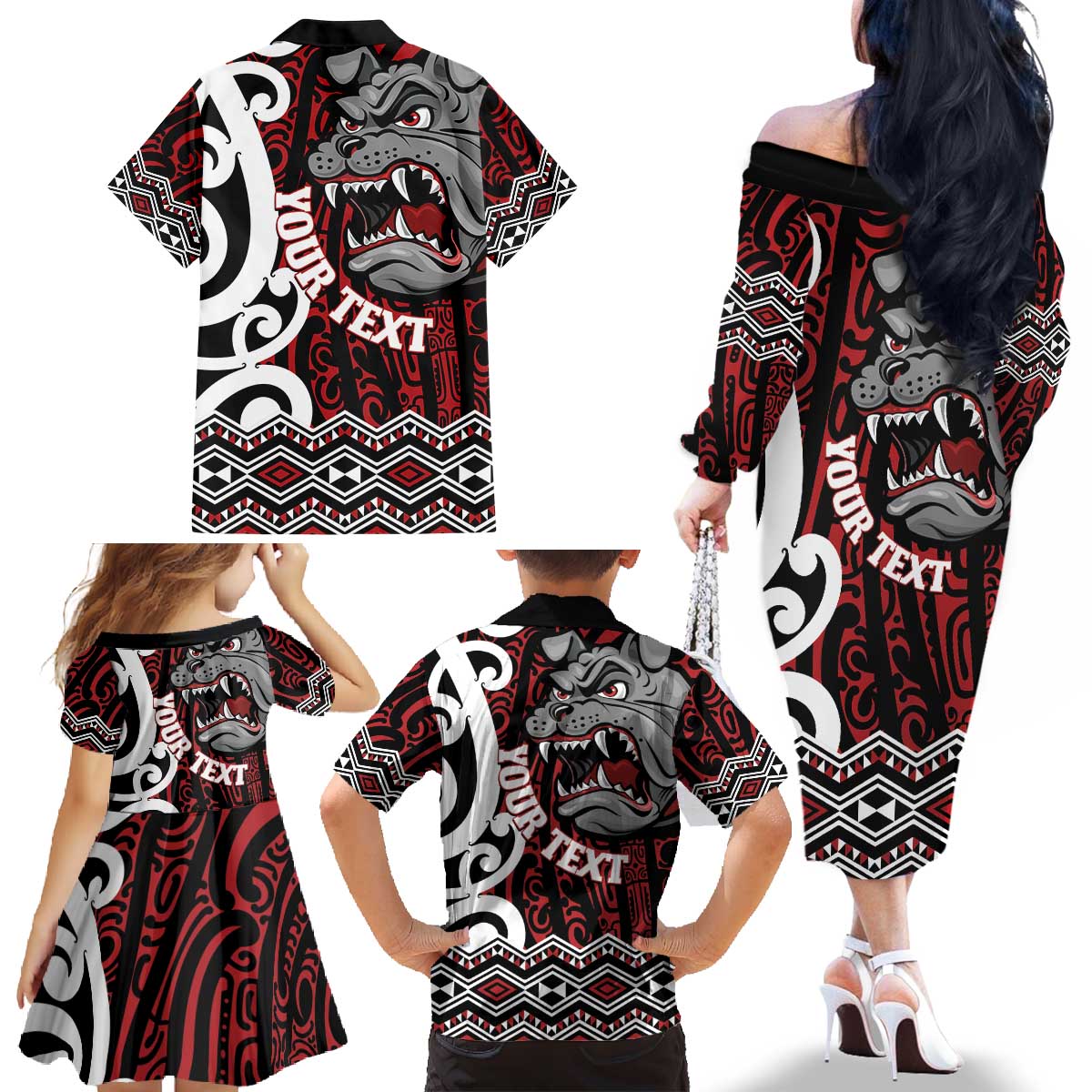 Personalised Aotearoa Bulldog Family Matching Off The Shoulder Long Sleeve Dress and Hawaiian Shirt New Zealand Maori Taniko Art LT14 - Polynesian Pride