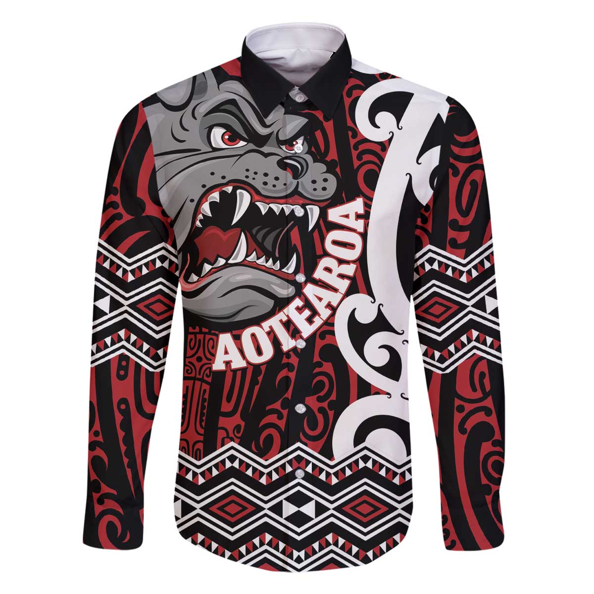 Personalised Aotearoa Bulldog Family Matching Off The Shoulder Long Sleeve Dress and Hawaiian Shirt New Zealand Maori Taniko Art LT14 Dad's Shirt - Long Sleeve Red - Polynesian Pride
