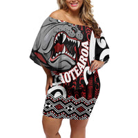 Personalised Aotearoa Bulldog Family Matching Off Shoulder Short Dress and Hawaiian Shirt New Zealand Maori Taniko Art