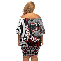 Personalised Aotearoa Bulldog Family Matching Off Shoulder Short Dress and Hawaiian Shirt New Zealand Maori Taniko Art