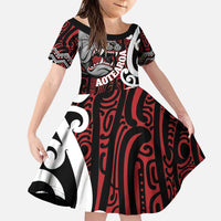 Personalised Aotearoa Bulldog Family Matching Puletasi and Hawaiian Shirt New Zealand Maori Taniko Art LT14 Daughter's Dress Red - Polynesian Pride