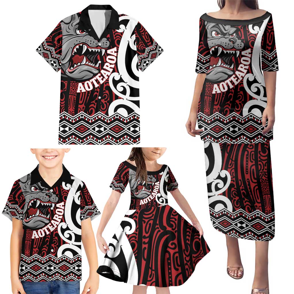 Personalised Aotearoa Bulldog Family Matching Puletasi and Hawaiian Shirt New Zealand Maori Taniko Art